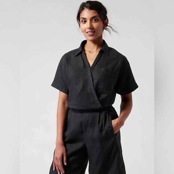 Athleta Women’s Tie Top Short Sleeve 100% Linen Borealis Green Size Large $79 - Picture 9 of 15